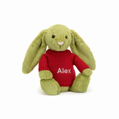 Jellycat Bashful Moss Bunny with Red Jumper UK | 04827IEFM